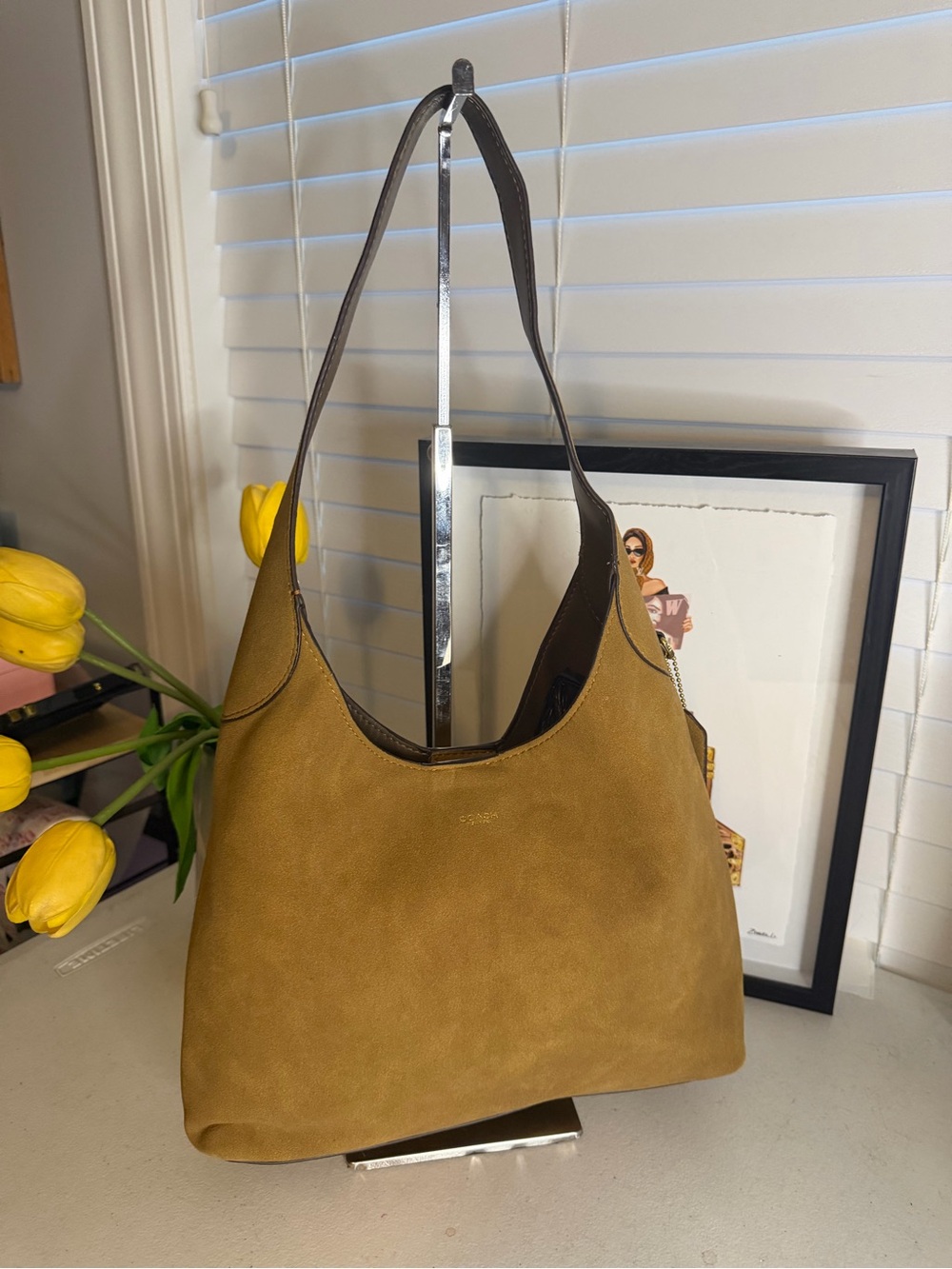Suede Hobo Shoulder Bag in Camel
